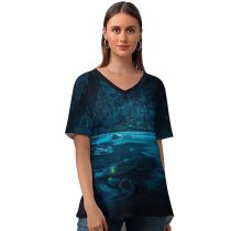 yanfind V Neck T-shirt for Women Grafixart Forest River Night Dark Magical Crescent Moon Fairies Summer Top  Short Sleeve Casual Loose