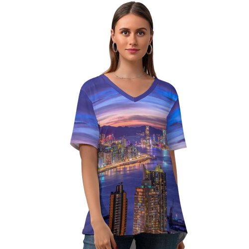 yanfind V Neck T-shirt for Women Daniam Chou City Night Life Cityscape Hong Kong Skyscrapers Purple Sky River Summer Top  Short Sleeve Casual Loose
