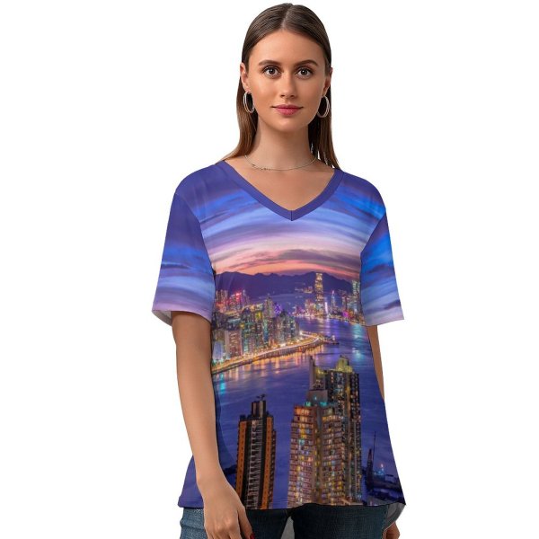 yanfind V Neck T-shirt for Women Daniam Chou City Night Life Cityscape Hong Kong Skyscrapers Purple Sky River Summer Top  Short Sleeve Casual Loose