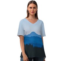 yanfind V Neck T-shirt for Women Kevin Jantzer Buttes Wilderness Mountain Range Silhouette Forest Landscape Clear Sky Trees Summer Top  Short Sleeve Casual Loose