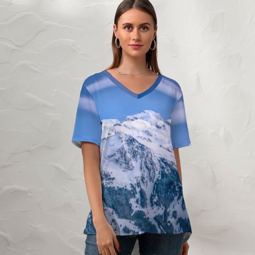 yanfind V Neck T-shirt for Women Mountains Winter Kleine Scheidegg Mountain Range Glacier Sunrise Ice Peak Switzerland Summer Top  Short Sleeve Casual Loose