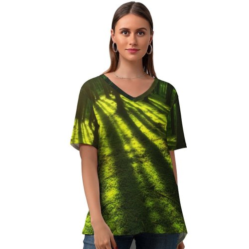 yanfind V Neck T-shirt for Women Johannes Plenio Forest Trees Daylight Summer Top  Short Sleeve Casual Loose