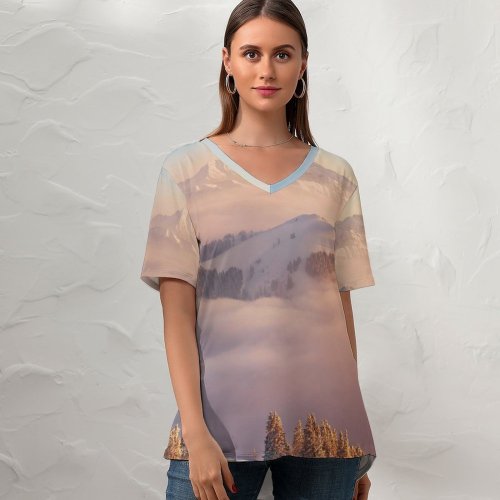 yanfind V Neck T-shirt for Women Dominic Kamp Rigi Kulm Mount Rigi Mountain Range Landscape Snow Covered Winter Summer Top  Short Sleeve Casual Loose