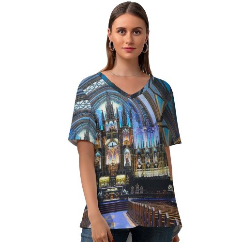 yanfind V Neck T-shirt for Women Basilica Catherdral Building Montréal Paris Montreal Aisle Notre-Dame Dame De Architecture Summer Top  Short Sleeve Casual Loose