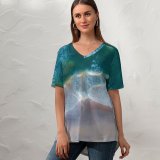 yanfind V Neck T-shirt for Women Pok Rie Beach Coastal Ocean Aerial Birds Eye Sand Seascape Waves Summer Top  Short Sleeve Casual Loose