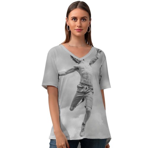 yanfind V Neck T-shirt for Women Chest Movement Abs Muscle Passionate Wallpapers Spirited Six-Pack Energetic Abdominals Pack Summer Top  Short Sleeve Casual Loose