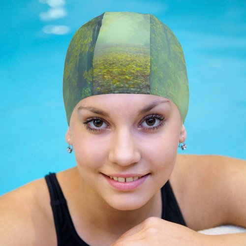 yanfind Swimming Cap Johannes Plenio Forest Path Foggy Foliage Spring Leaves Elastic,suitable for long and short hair