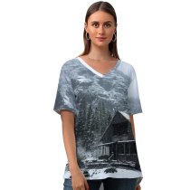 yanfind V Neck T-shirt for Women Building Alps Cabin Snow Wallpapers Mountain Outdoors Tree Altausseer Free Mistery Summer Top  Short Sleeve Casual Loose