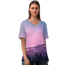 yanfind V Neck T-shirt for Women RmRadev Moon Evening Sky Mountains Forest Silhouette Summer Top  Short Sleeve Casual Loose
