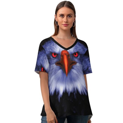 yanfind V Neck T-shirt for Women Black Dark Eagle Bird Prey Raptors Eyes Summer Top  Short Sleeve Casual Loose