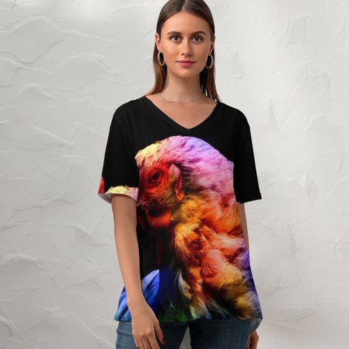 yanfind V Neck T-shirt for Women John Towner Black Dark Chicken Colorful AMOLED Summer Top  Short Sleeve Casual Loose