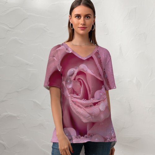 yanfind V Neck T-shirt for Women Flowers Rose Droplets Closeup Bloom Baby Blossom Summer Top  Short Sleeve Casual Loose