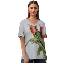 yanfind V Neck T-shirt for Women Arrangement Wallpapers Vase Plant Bouquet Blossom Flower Tulip Tulips Petal Free Summer Top  Short Sleeve Casual Loose