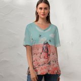 yanfind V Neck T-shirt for Women Fantasy SciFi Astronaut NASA Flower Garden Butterflies Surreal Moon Clouds Summer Top  Short Sleeve Casual Loose