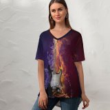 yanfind V Neck T-shirt for Women Comfreak Electric Guitar Instrument Dark Fire Purple Violet Summer Top  Short Sleeve Casual Loose