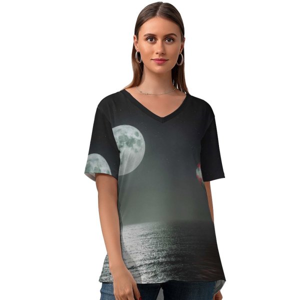 yanfind V Neck T-shirt for Women Fantasy Black Dark Hot Air Balloon Night Moon Dark Sea Stars Summer Top  Short Sleeve Casual Loose