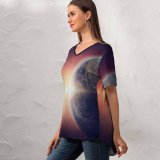 yanfind V Neck T-shirt for Women Comfreak Space Earth Planet Universe Space Travel Space Adventure Astronaut Sun Light Summer Top  Short Sleeve Casual Loose
