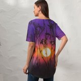 yanfind V Neck T-shirt for Women B Sunrise Silhouette Purple Sky Plants Dusk Blurred Summer Top  Short Sleeve Casual Loose