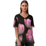 yanfind V Neck T-shirt for Women Anja Flowers Black Dark Tulips Flowers Spring Garden Flora Summer Top  Short Sleeve Casual Loose