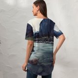 yanfind V Neck T-shirt for Women River Stream Mountains Exposure Landscape Rocks Summer Top  Short Sleeve Casual Loose