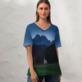yanfind V Neck T-shirt for Women Forest Mountains Grassland Countryside Starry Sky Sky Scenic Summer Top  Short Sleeve Casual Loose