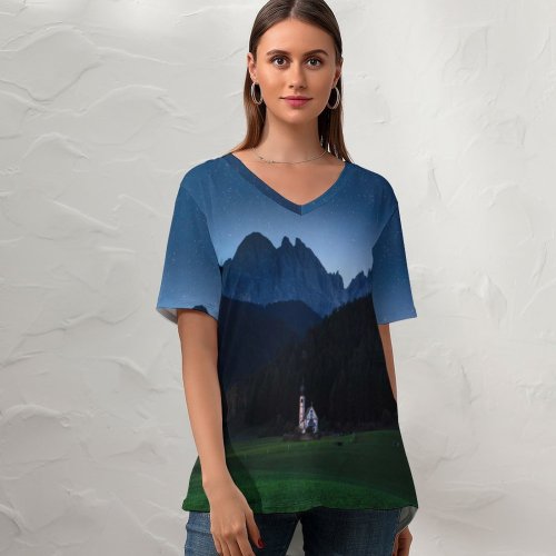 yanfind V Neck T-shirt for Women Forest Mountains Grassland Countryside Starry Sky Sky Scenic Summer Top  Short Sleeve Casual Loose