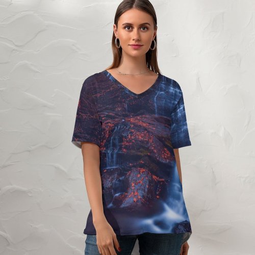 yanfind V Neck T-shirt for Women GoMustang Moss Glen Falls Waterfall Rocks Stowe Vermont USA Summer Top  Short Sleeve Casual Loose