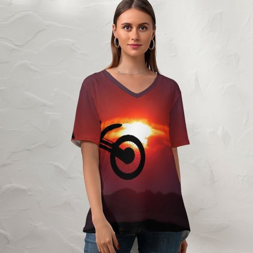 yanfind V Neck T-shirt for Women Motocross Motorcycle Motorcycle Stunt Silhouette Sunset Summer Top  Short Sleeve Casual Loose