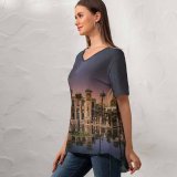 yanfind V Neck T-shirt for Women Massimiliano Morosinotto Castle Fountain Reflection Outer Space Milky Way Stars Pond Sunset Summer Top  Short Sleeve Casual Loose