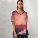 yanfind V Neck T-shirt for Women RmRadev Sunset Moon River Mountains Gradient Peach Summer Top  Short Sleeve Casual Loose