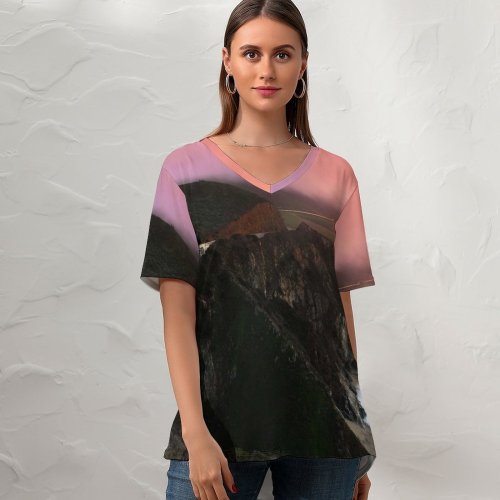 yanfind V Neck T-shirt for Women Lowe Rehnberg Bixby Creek Bridge California Sunset Sky Big Sur Coastline Foggy Summer Top  Short Sleeve Casual Loose