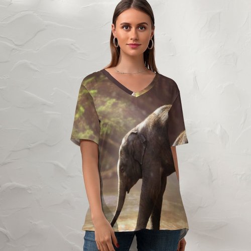 yanfind V Neck T-shirt for Women Comfreak Elephant Cub Rocks River Sun Rays Waterhole Daytime Summer Top  Short Sleeve Casual Loose