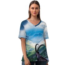 yanfind V Neck T-shirt for Women Robin Kamp Mount Pilatus Goat Landscape Valley Clouds Sunlight Scenic Summer Top  Short Sleeve Casual Loose
