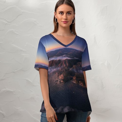 yanfind V Neck T-shirt for Women Big Sur Mountains Clouds Sunrise Morning MacOS Big Sur Daylight California Summer Top  Short Sleeve Casual Loose