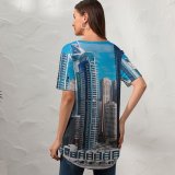 yanfind V Neck T-shirt for Women Dubai Cityscape Skyscrapers Metropolitan Urban Summer Top  Short Sleeve Casual Loose