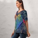 yanfind V Neck T-shirt for Women Sharon McCutcheon Love Heart Rainbow Colorful Chalk Dust Summer Top  Short Sleeve Casual Loose