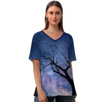 yanfind V Neck T-shirt for Women Love Couple Night Romantic Kiss Silhouette Starry Sky Summer Top  Short Sleeve Casual Loose