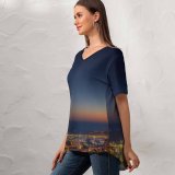 yanfind V Neck T-shirt for Women Crevisio Monaco Yacht Show Cityscape City Lights Night Time Ocean Seascape Sunset Summer Top  Short Sleeve Casual Loose
