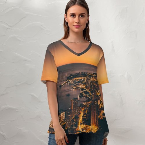 yanfind V Neck T-shirt for Women Monte Carlo Sunset Dawn Cityscape Harbor City Lights Night Dusk Monaco  Summer Top  Short Sleeve Casual Loose