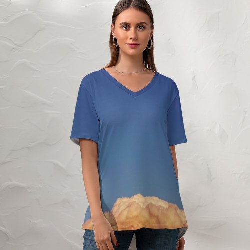yanfind V Neck T-shirt for Women Cumulus Minimal Space Sky Wallpapers Beach Outdoors Free States X Pictures Summer Top  Short Sleeve Casual Loose