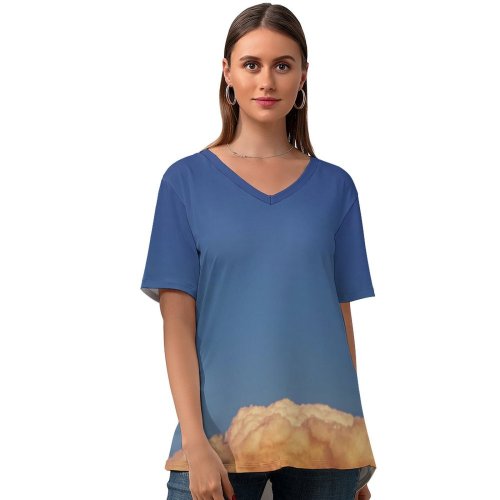 yanfind V Neck T-shirt for Women Cumulus Minimal Space Sky Wallpapers Beach Outdoors Free States X Pictures Summer Top  Short Sleeve Casual Loose
