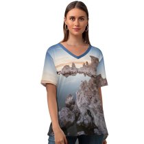 yanfind V Neck T-shirt for Women Sven Muller Mono Lake Rocky Shore Sunset Dusk Summer Top  Short Sleeve Casual Loose