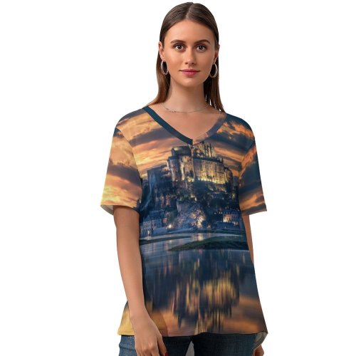 yanfind V Neck T-shirt for Women Grafixart Mont SaintMichel Island Ancient Architecture Reflection Night Sunset Dawn Evening Sky Summer Top  Short Sleeve Casual Loose