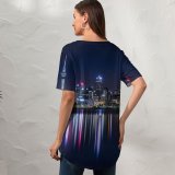 yanfind V Neck T-shirt for Women Auckland Cityscape Night City Lights Reflection Urban Zealand Summer Top  Short Sleeve Casual Loose