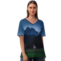 yanfind V Neck T-shirt for Women Forest Mountains Grassland Countryside Starry Sky Sky Scenic Summer Top  Short Sleeve Casual Loose