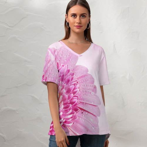 yanfind V Neck T-shirt for Women Bruno Glätsch Flowers Gerbera Daisy Flower Drops Dew Drops Closeup Macro Blossom Summer Top  Short Sleeve Casual Loose
