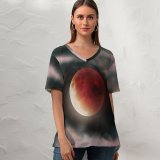 yanfind V Neck T-shirt for Women Andrew McCarthy Space Blood Moon  Summer Top  Short Sleeve Casual Loose