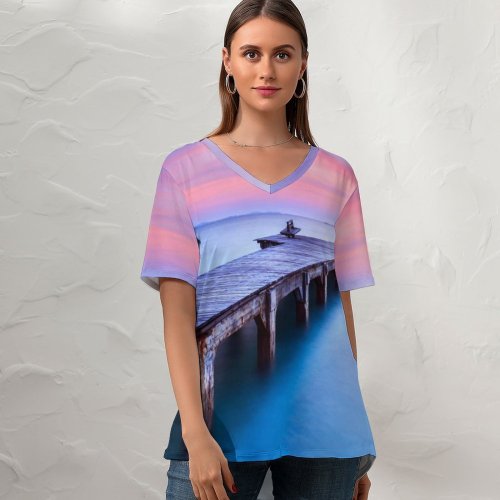 yanfind V Neck T-shirt for Women Anek Suwannaphoom Wooden Pier Sunrise Morning Foggy Daylight Summer Top  Short Sleeve Casual Loose