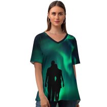 yanfind V Neck T-shirt for Women Love Couple Aurora Borealis Night Romantic Together Silhouette Northern Lights Summer Top  Short Sleeve Casual Loose