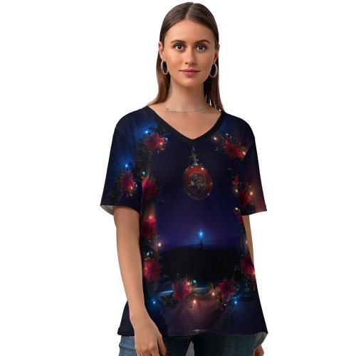 yanfind V Neck T-shirt for Women Neville Black Dark Celebrations Christmas Christmas Decoration Merry Christmas Night Dark Lights Summer Top  Short Sleeve Casual Loose